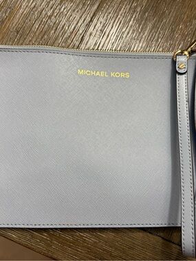 Michael Kors Light Gray Saffiano Wristlet Clutch with Gold Logo